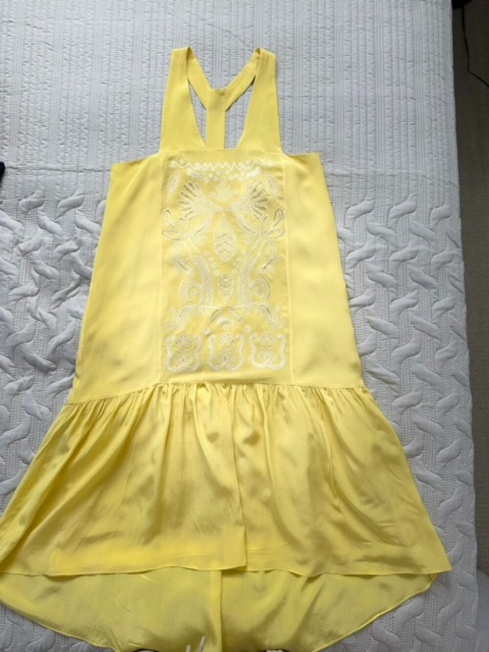 Tibi Canary Yellow Embroidered Silk Drop-Waist High-Low Dress